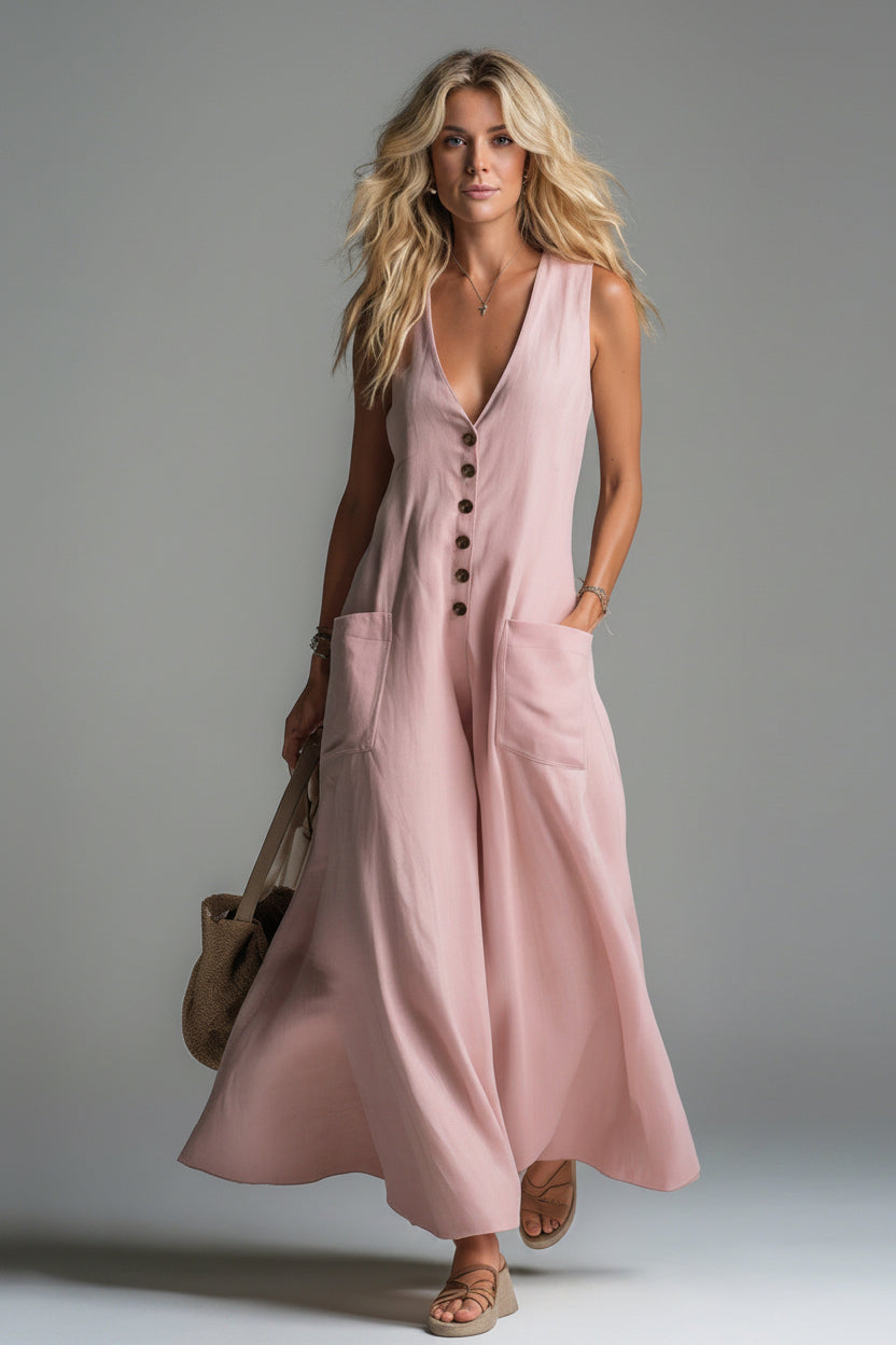 Woman wearing a pink sleeveless dress with buttons on a gray background