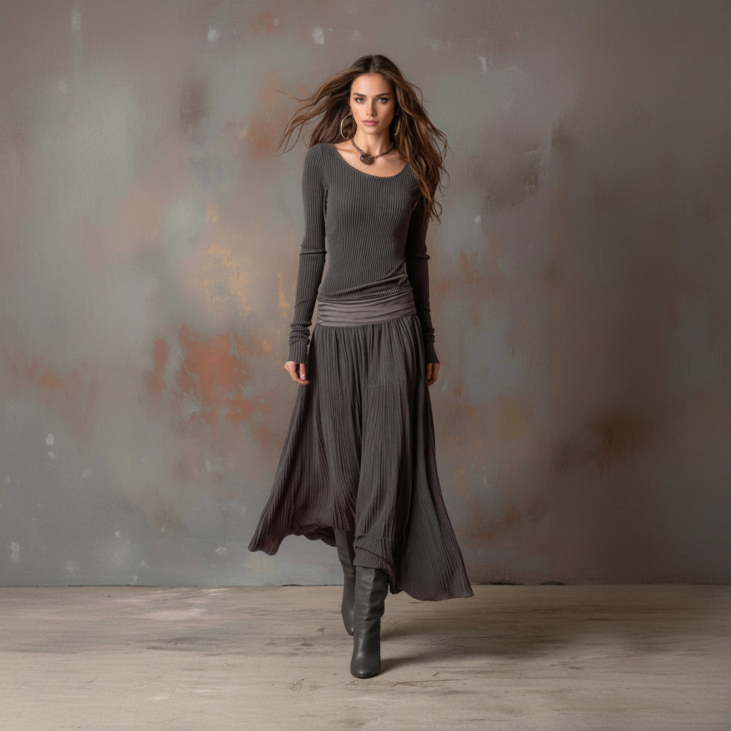 Woman wearing a long, dark gray dress against a textured wall.