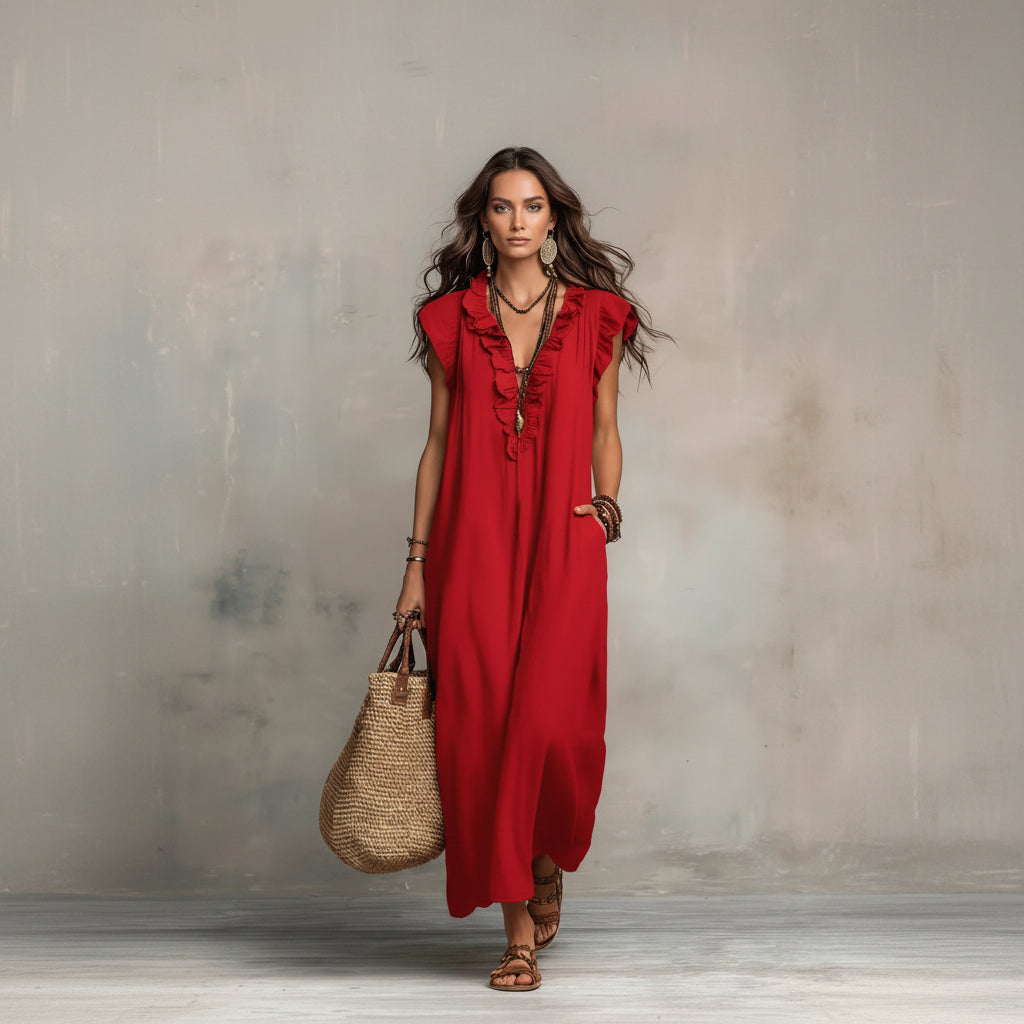 Woman wearing a red dress holding a straw bag against a neutral background
