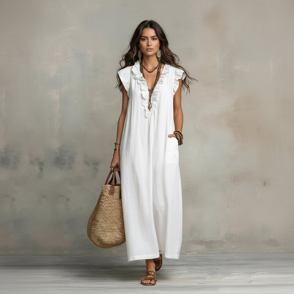 Woman wearing a white dress holding a straw bag against a neutral background
