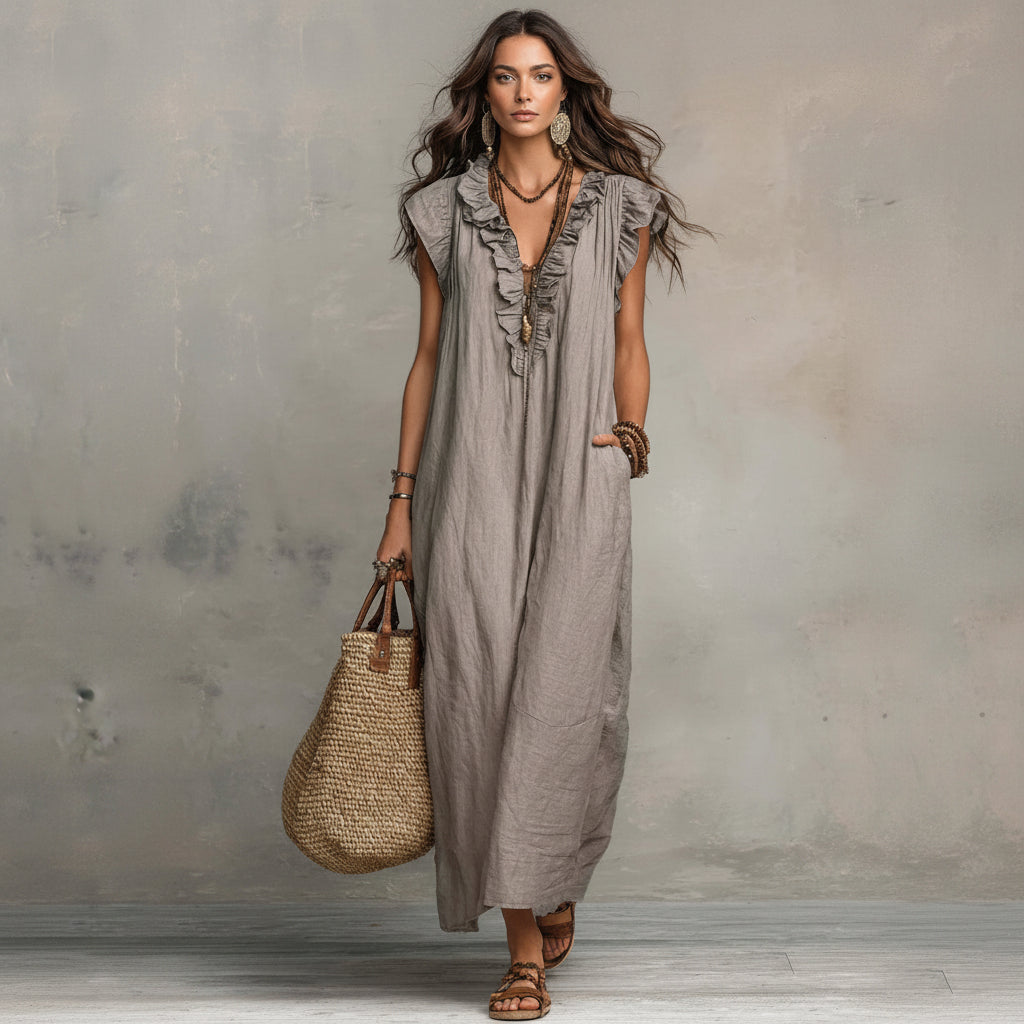 Woman wearing a long gray dress holding a woven bag against a neutral background