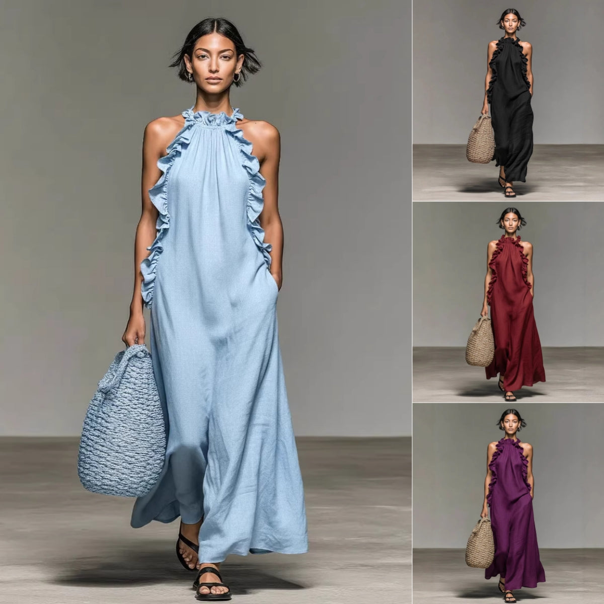 Collage of models wearing long dresses in various colors with handbags.