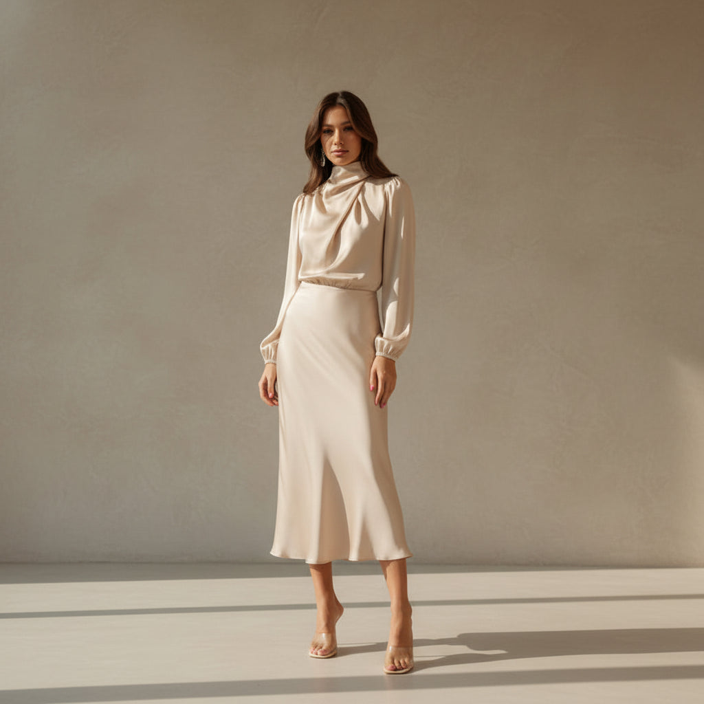 Woman wearing a beige dress with a plain white background