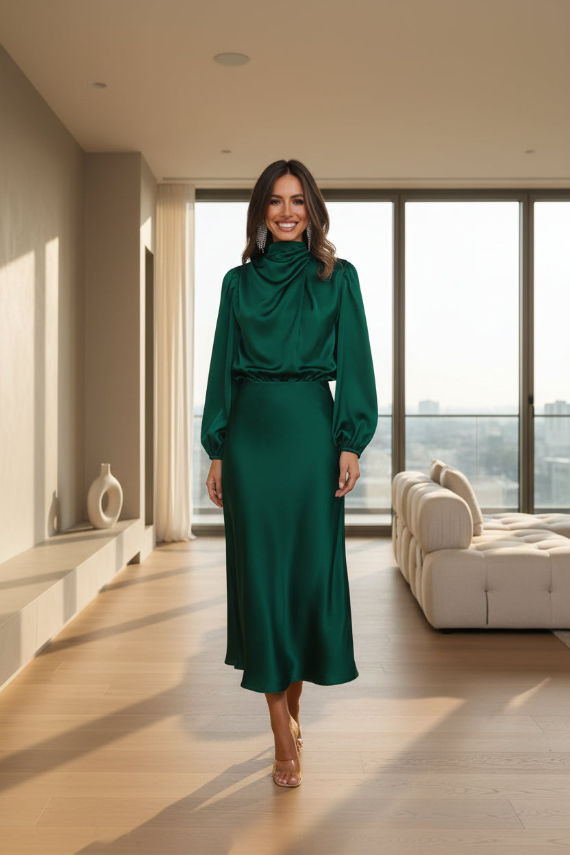 Woman wearing a green dress standing in a minimalistic room.