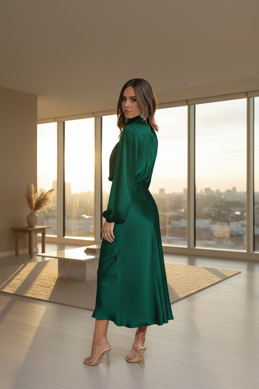 Woman wearing a green satin dress in a minimalistic room.