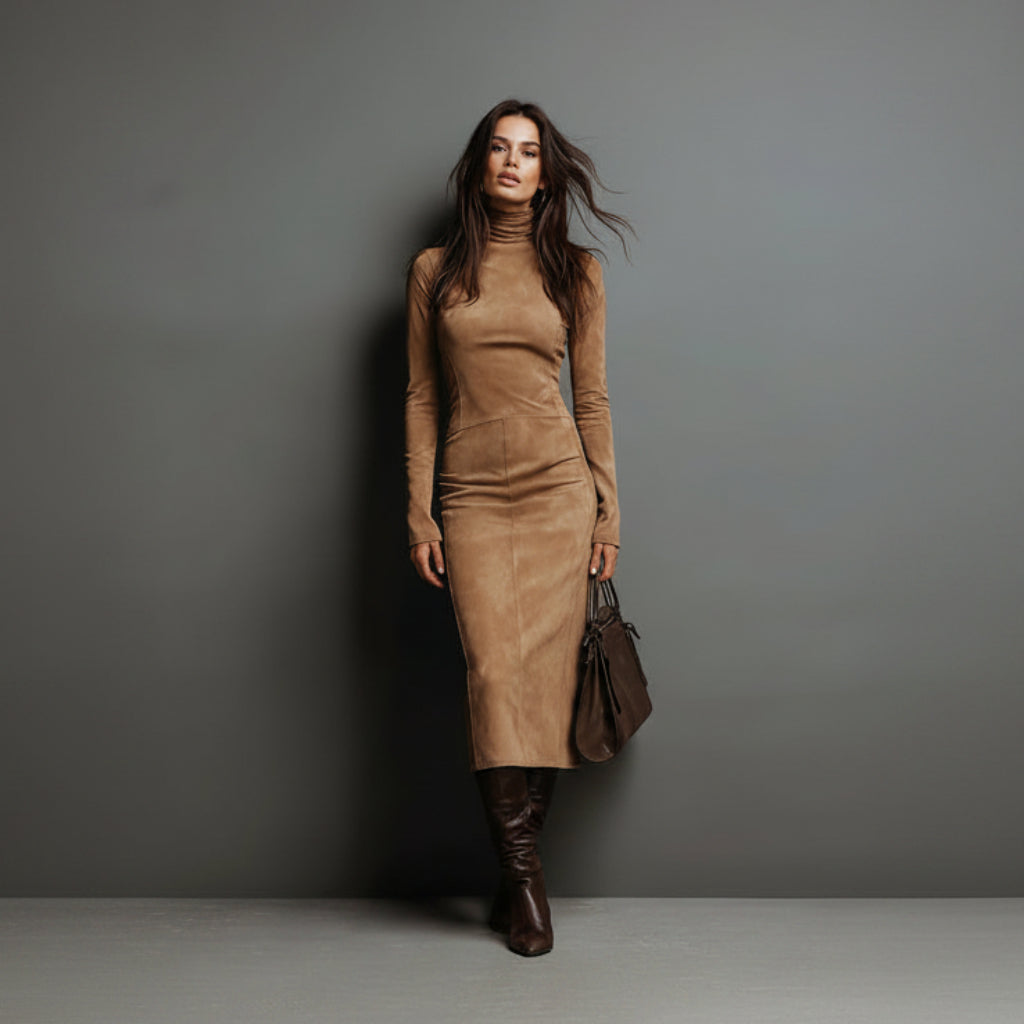 Woman wearing a brown suede dress and boots against a gray background