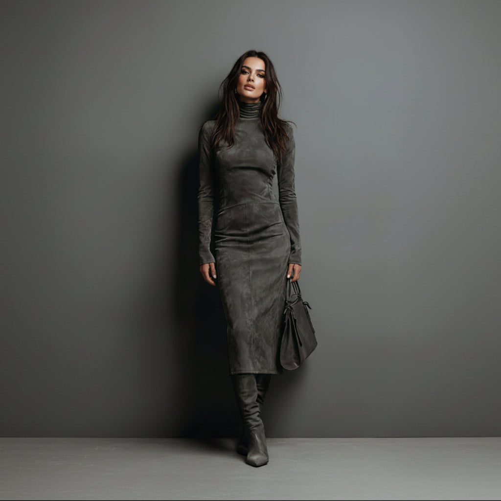 Woman wearing a gray suede dress and boots against a dark gray background