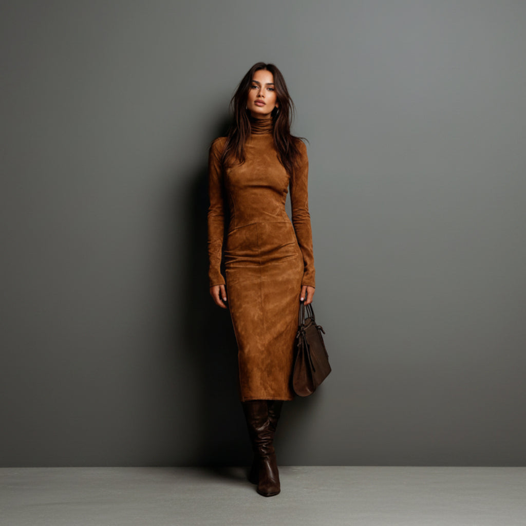 Woman wearing a brown suede dress and boots against a gray background