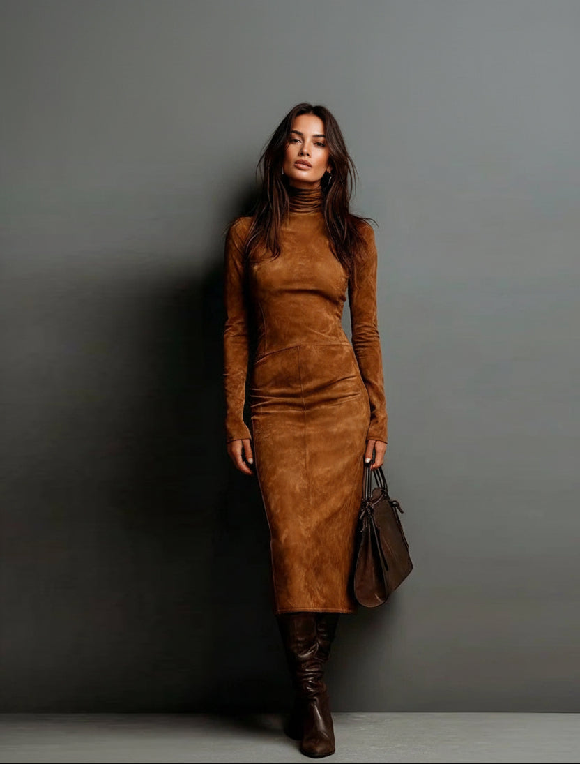 Woman wearing a brown suede dress and boots against a gray background