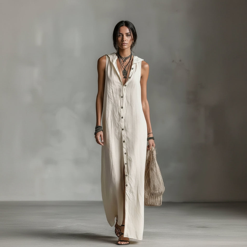 Woman wearing a long beige dress with a neutral background