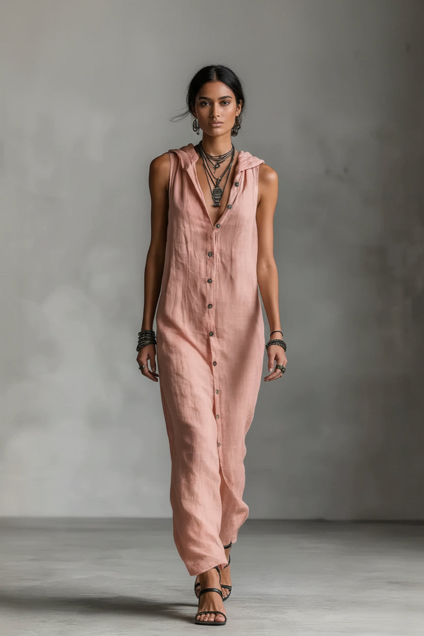 Person wearing a pink sleeveless jumpsuit against a gray background