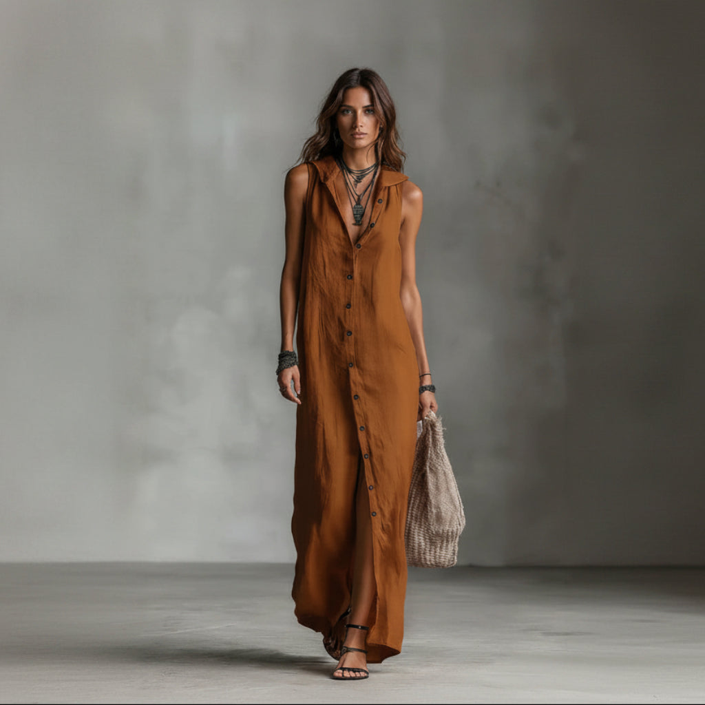 Woman wearing a long brown dress holding a woven bag against a gray background