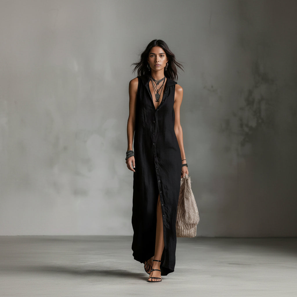 Woman wearing a black sleeveless dress with a textured background