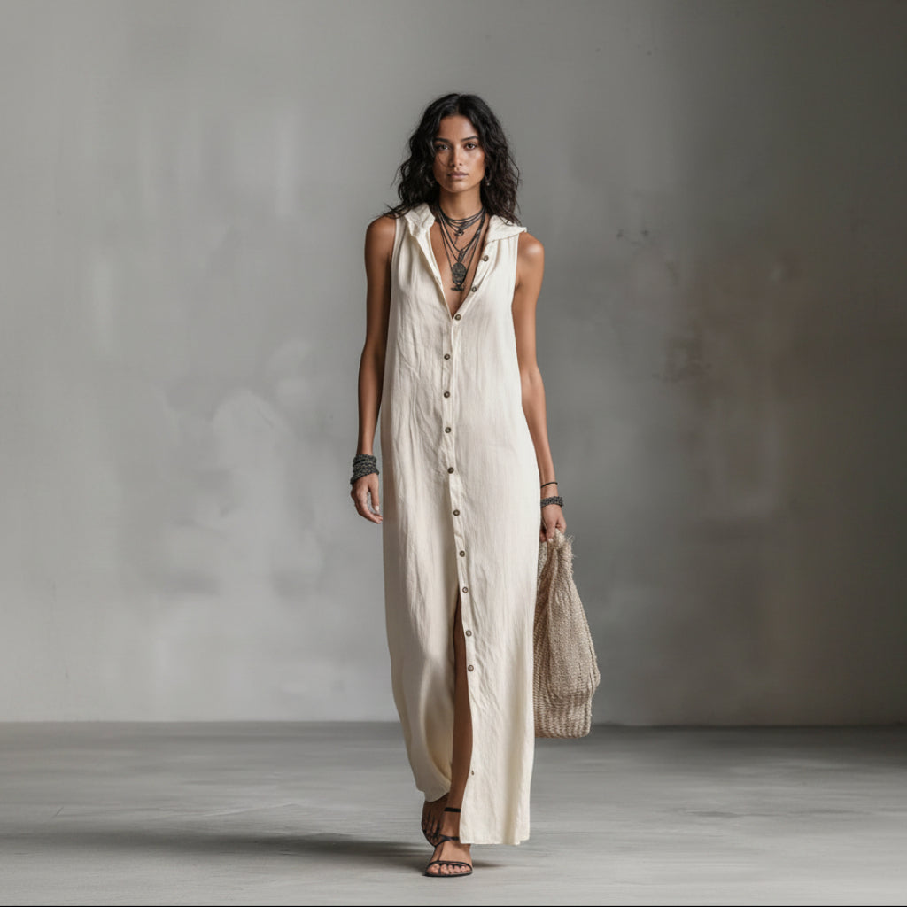 Woman wearing a long beige dress with a textured background