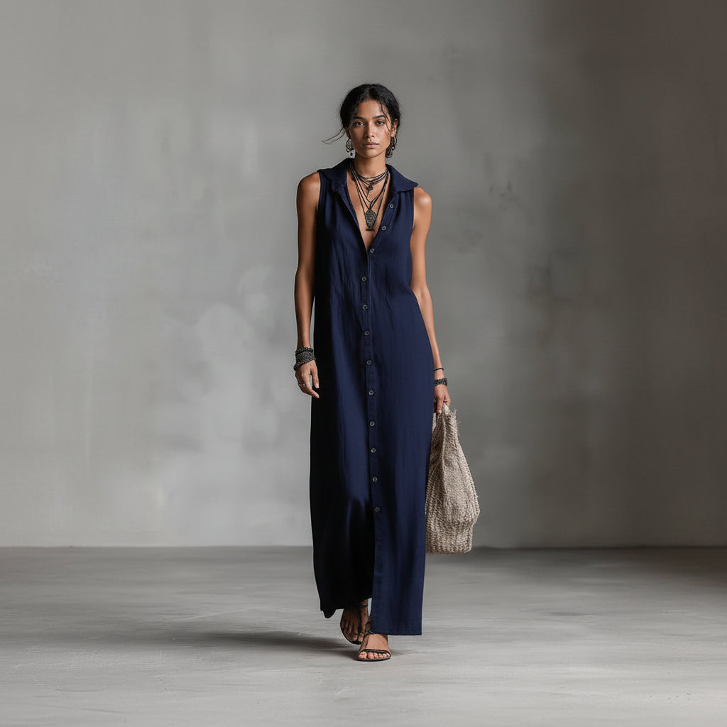 Woman wearing a long navy dress against a gray background