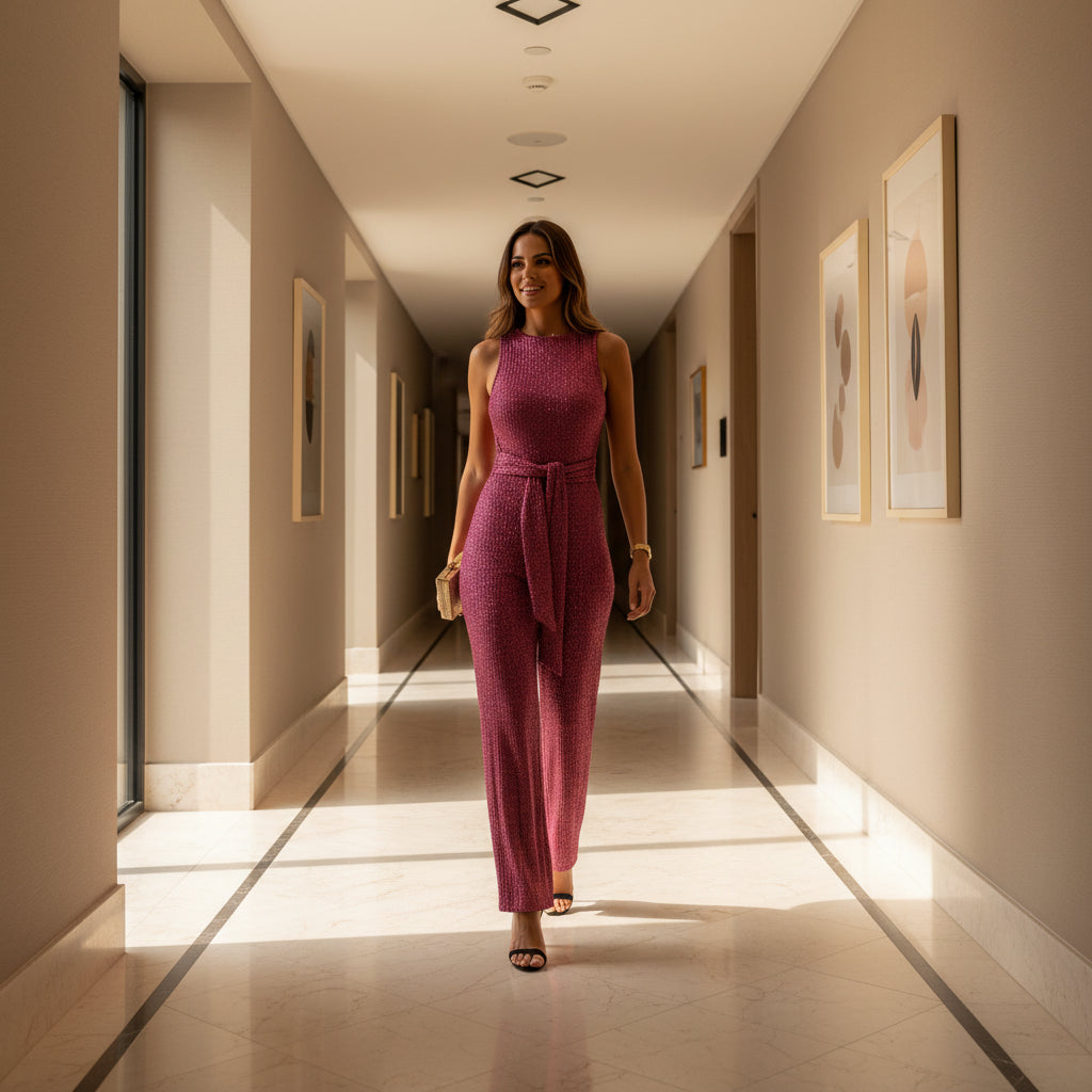 Woman wearing a pink jumpsuit against a beige wall.