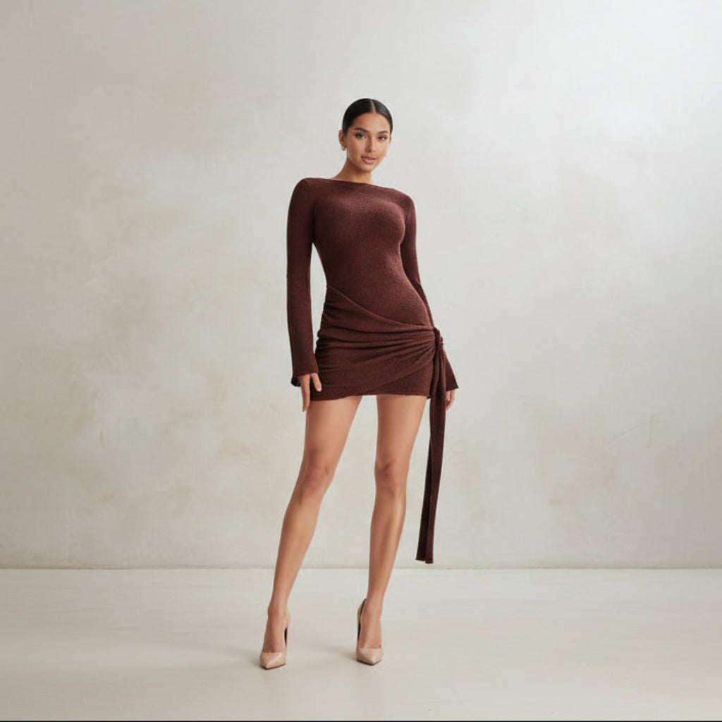 Brown long-sleeve dress with a tie detail on a white background