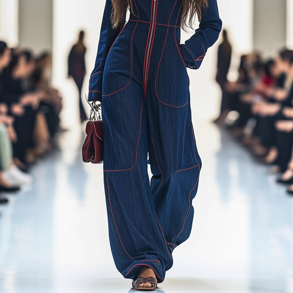 Model wearing a blue outfit with red accents on a fashion show runway.