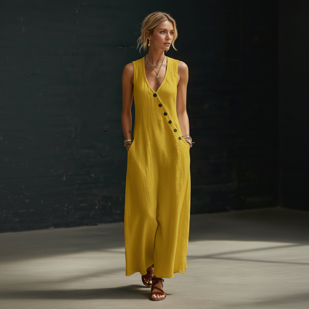 Woman wearing a yellow sleeveless dress with buttons against a dark background