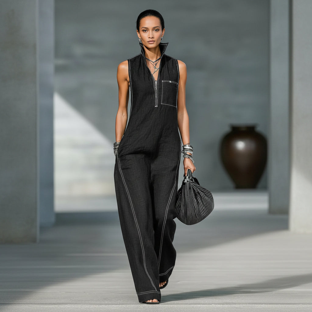 Person wearing a black sleeveless jumpsuit holding a black handbag in an indoor setting.