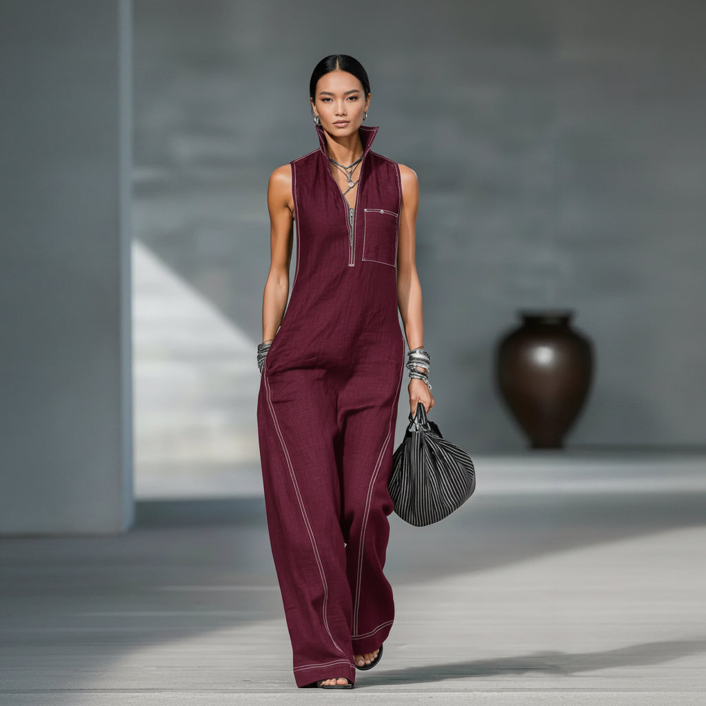 Woman in a burgundy jumpsuit holding a black handbag on a gray background
