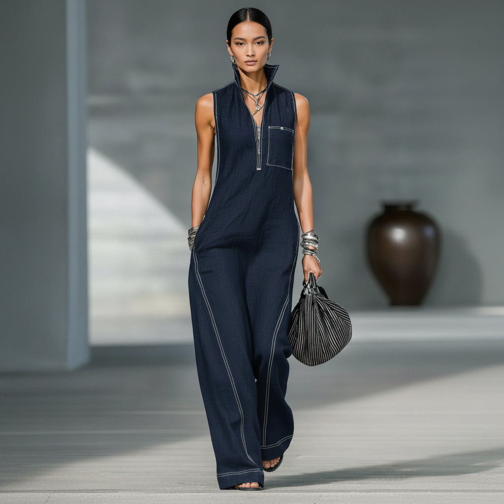 Person wearing a navy blue jumpsuit with a blurred background