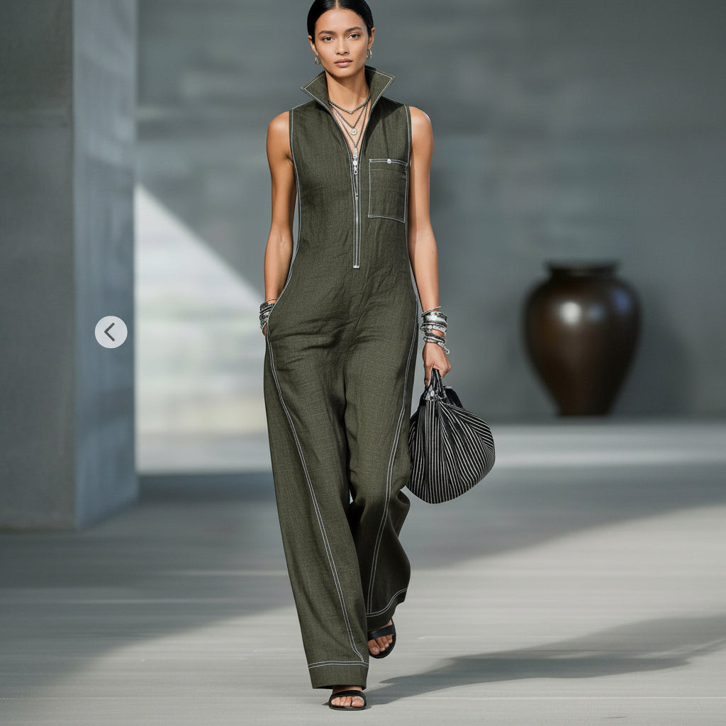 Woman wearing a green jumpsuit holding a black handbag against a neutral background