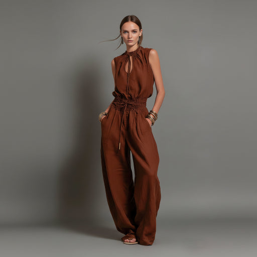 Brown jumpsuit worn by a model on a gray background