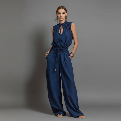 Woman wearing a blue jumpsuit against a gray background