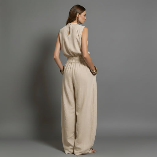 Woman wearing a beige jumpsuit against a gray background