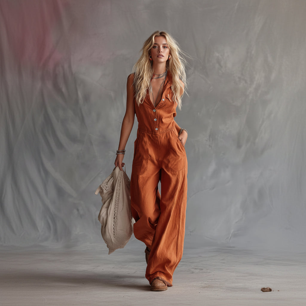 Woman wearing a rust-colored jumpsuit holding a beige bag against a gray background
