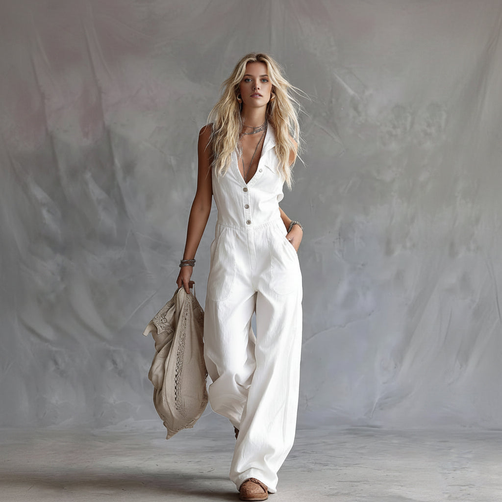 Woman wearing a white jumpsuit holding a beige bag against a gray background