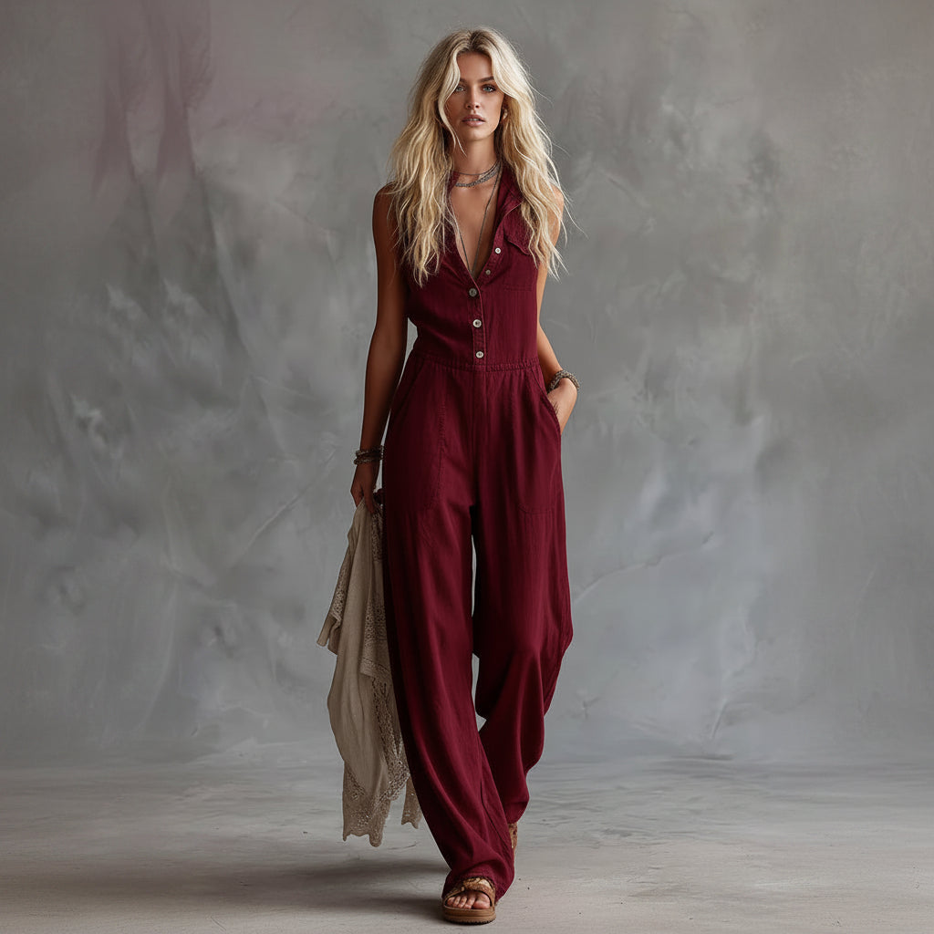 Woman wearing a burgundy jumpsuit holding a beige bag against a gray background