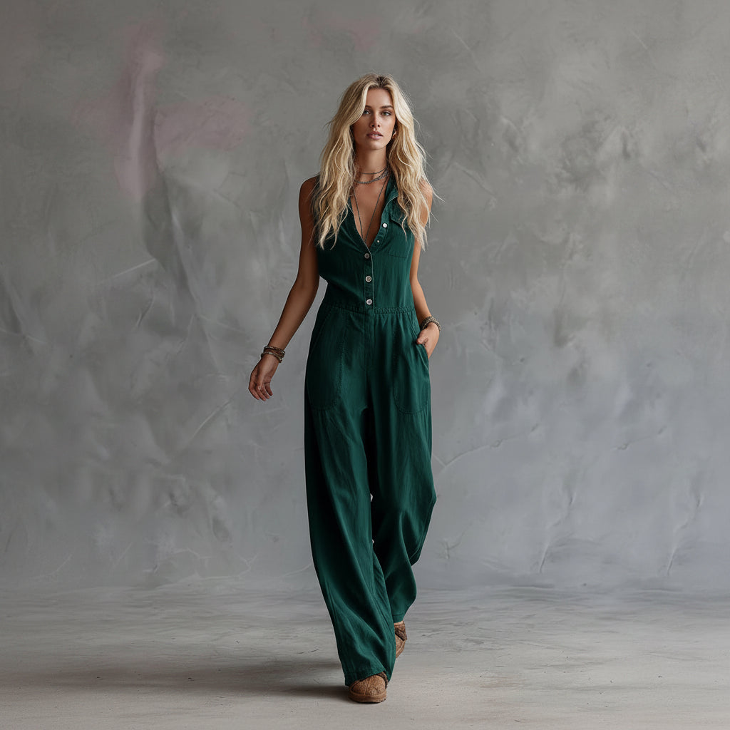 Woman wearing a green jumpsuit holding a beige bag against a gray background