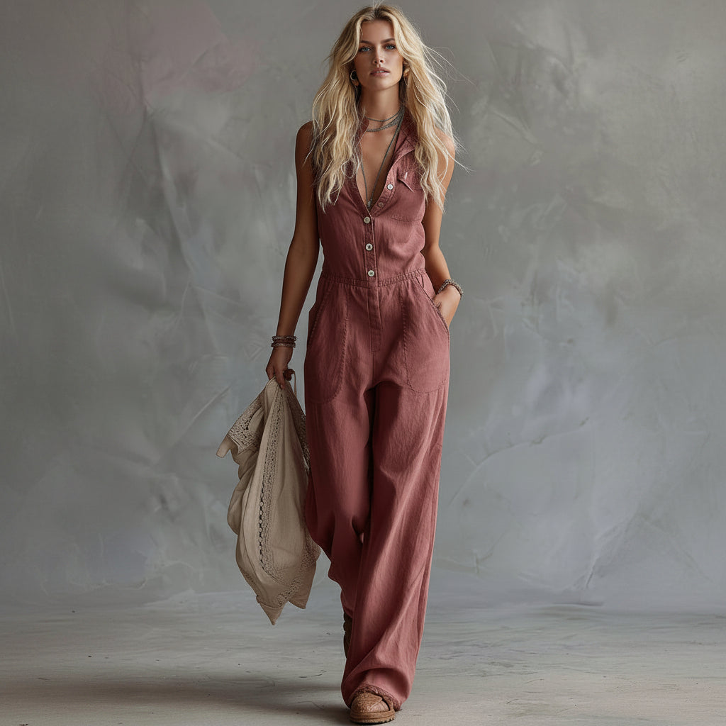 Woman wearing a pink jumpsuit holding a beige bag against a gray background