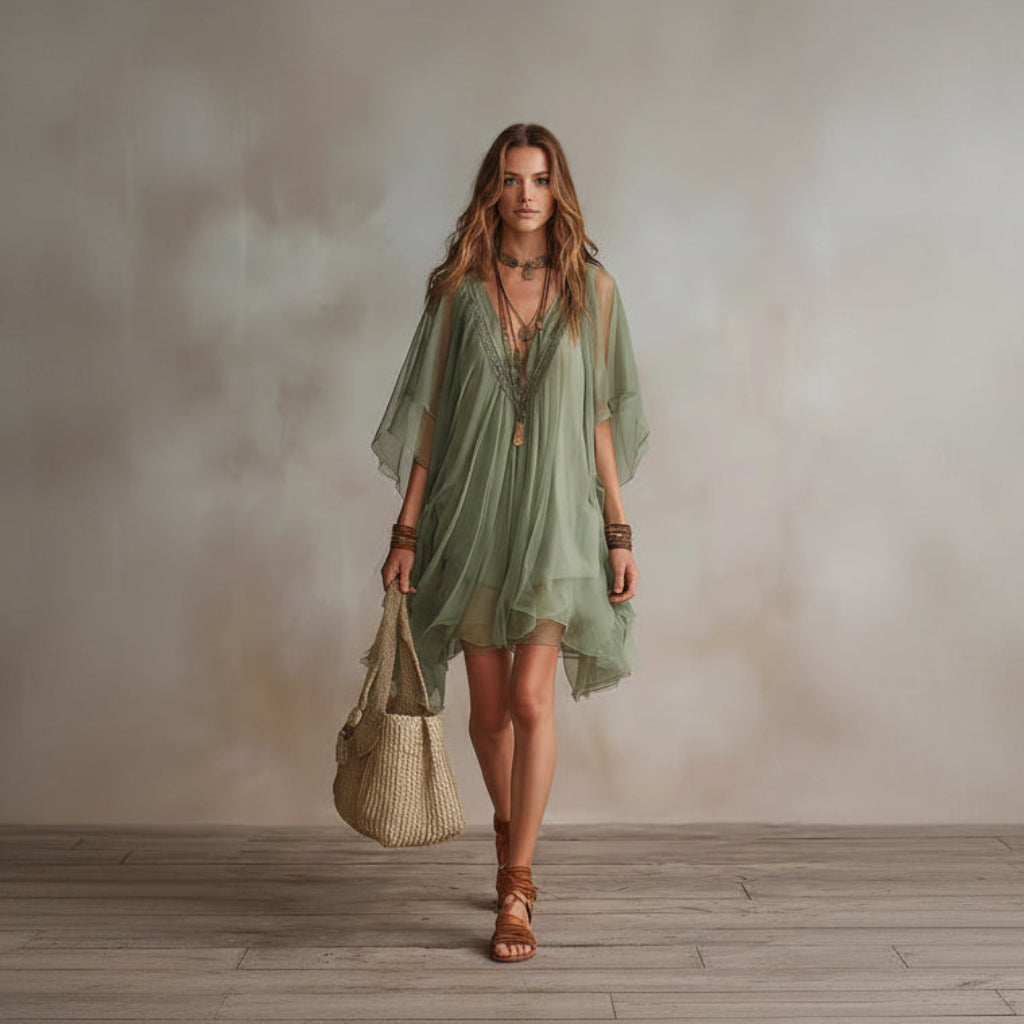 Woman in a green dress holding a woven bag against a neutral background