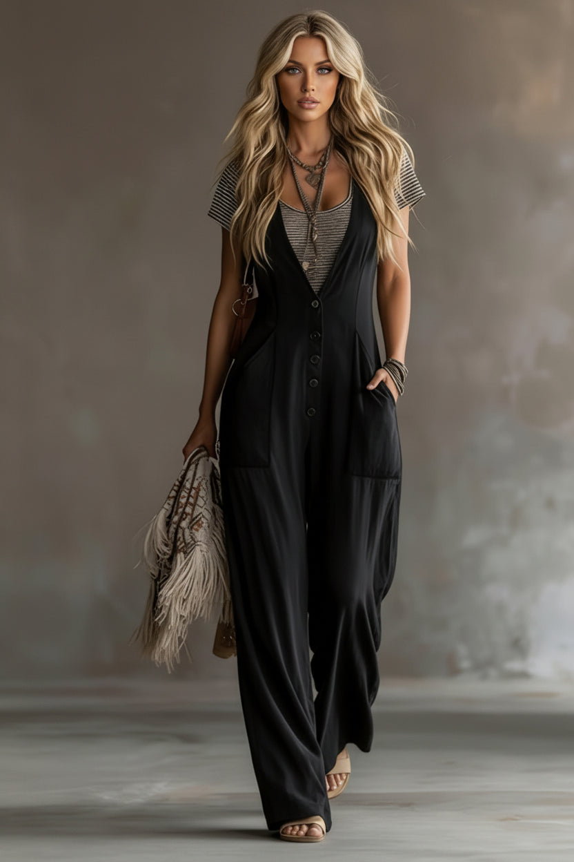 Woman wearing a black sleeveless jumpsuit with a striped top underneath, holding a beige bag against a neutral background.