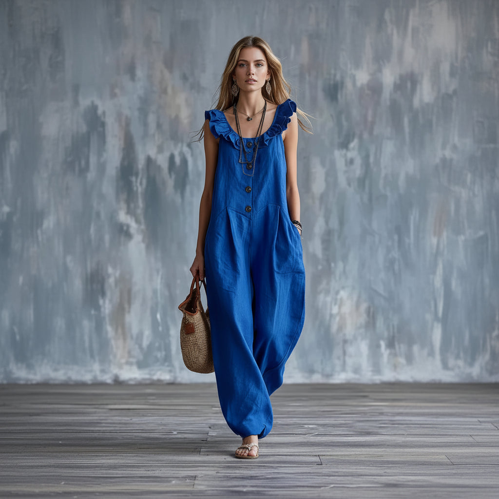 Woman wearing a blue jumpsuit with ruffled details against a textured wall.