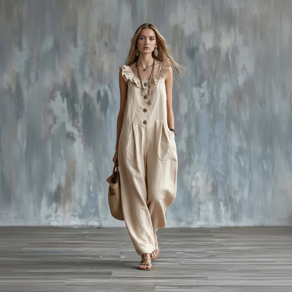 Woman wearing a beige overalls with a textured wall background