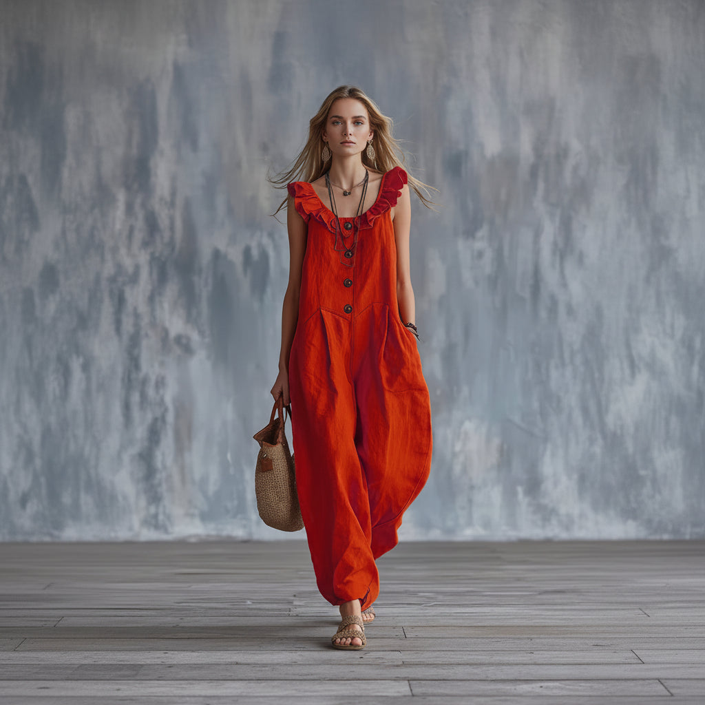 Person wearing a red jumpsuit with ruffled details, standing against a textured wall.