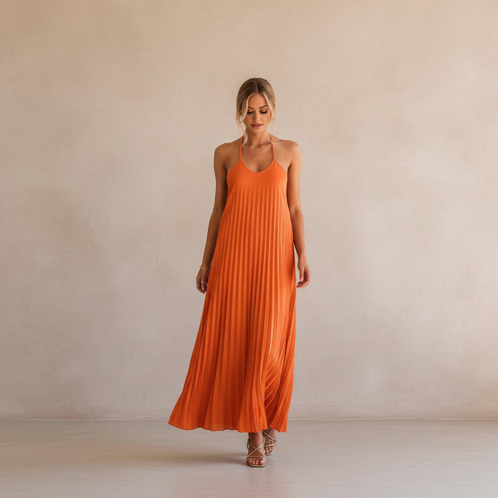 A - Line Pleated Dress – Summer Suspender Beach Maxi - AmiraMart