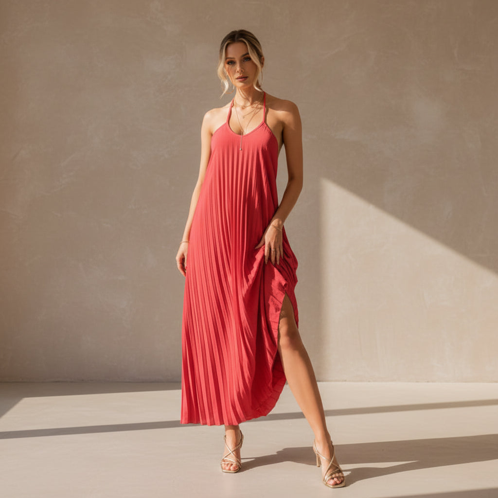 A - Line Pleated Dress – Summer Suspender Beach Maxi - AmiraMart