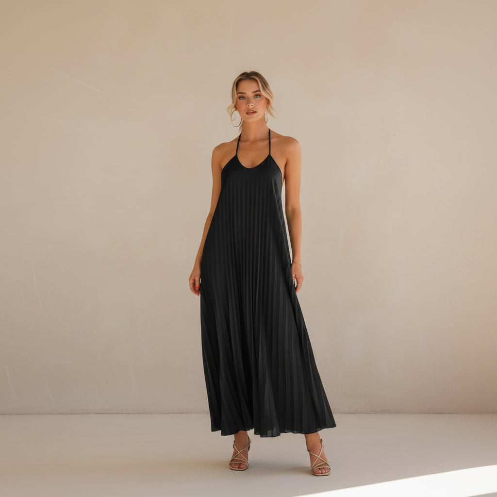 A - Line Pleated Dress – Summer Suspender Beach Maxi - AmiraMart