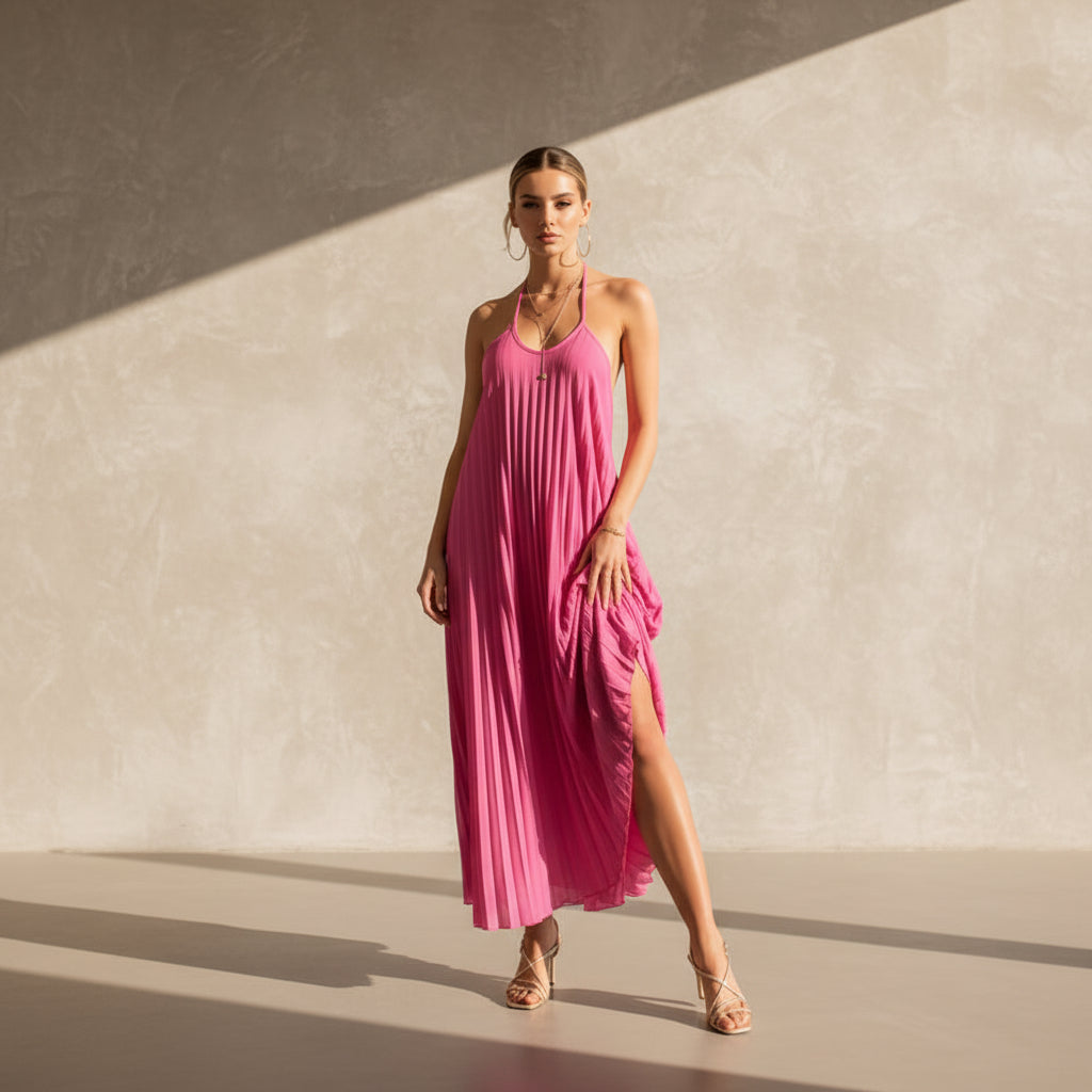 A - Line Pleated Dress – Summer Suspender Beach Maxi - AmiraMart