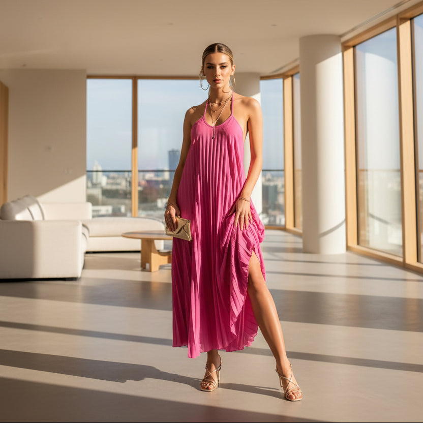 A - Line Pleated Dress – Summer Suspender Beach Maxi - AmiraMart
