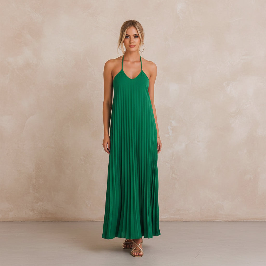 A - Line Pleated Dress – Summer Suspender Beach Maxi - AmiraMart