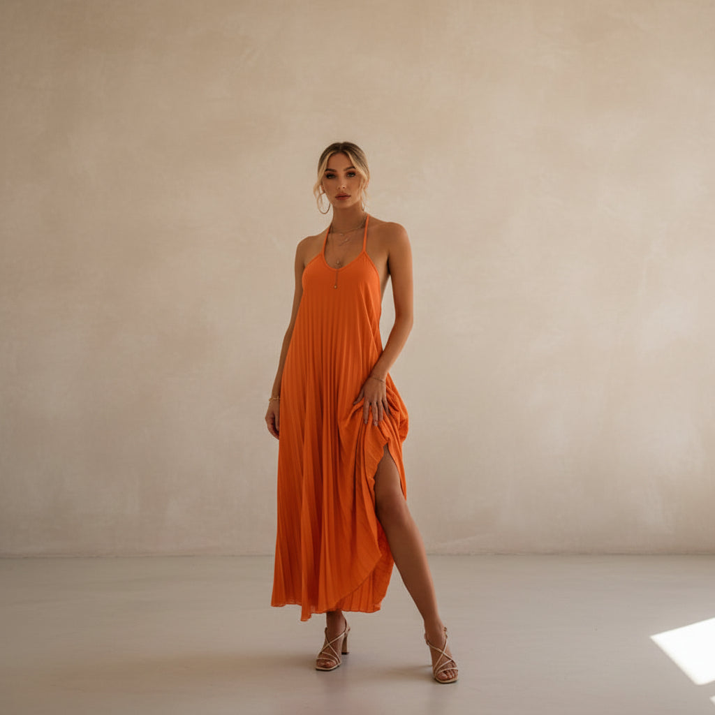 A - Line Pleated Dress – Summer Suspender Beach Maxi - AmiraMart