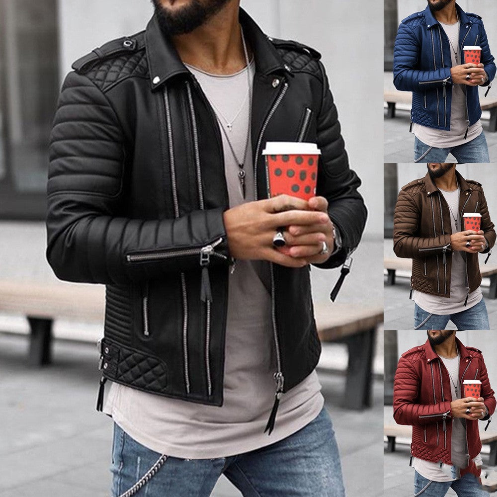 Person wearing a black leather jacket holding a red coffee cup with multiple views.