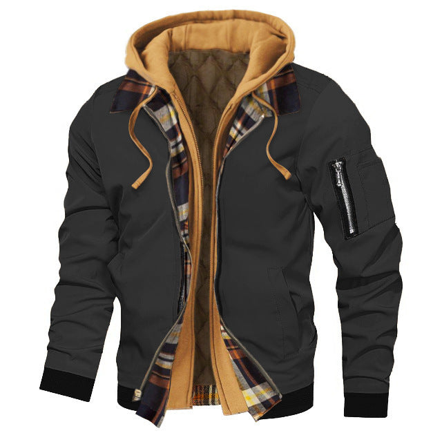 Black jacket with plaid lining and yellow hood on a white background