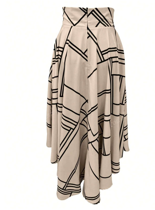 Beige skirt with black geometric pattern on a white background